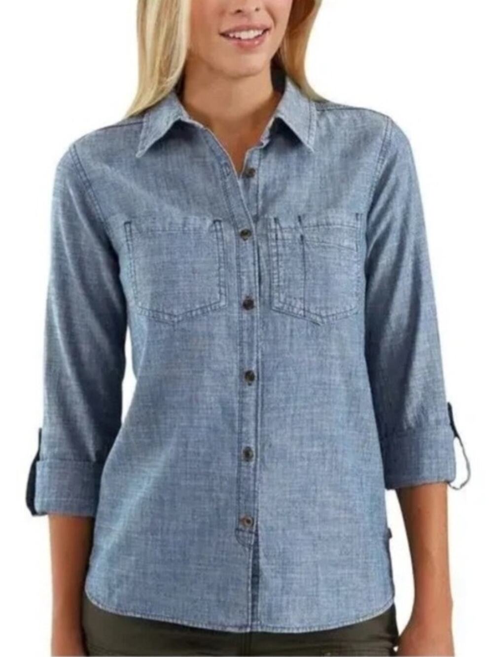 Women Carhartt Fairway Chambray Blue Button Shirt L Classic Coastal Cowgirl